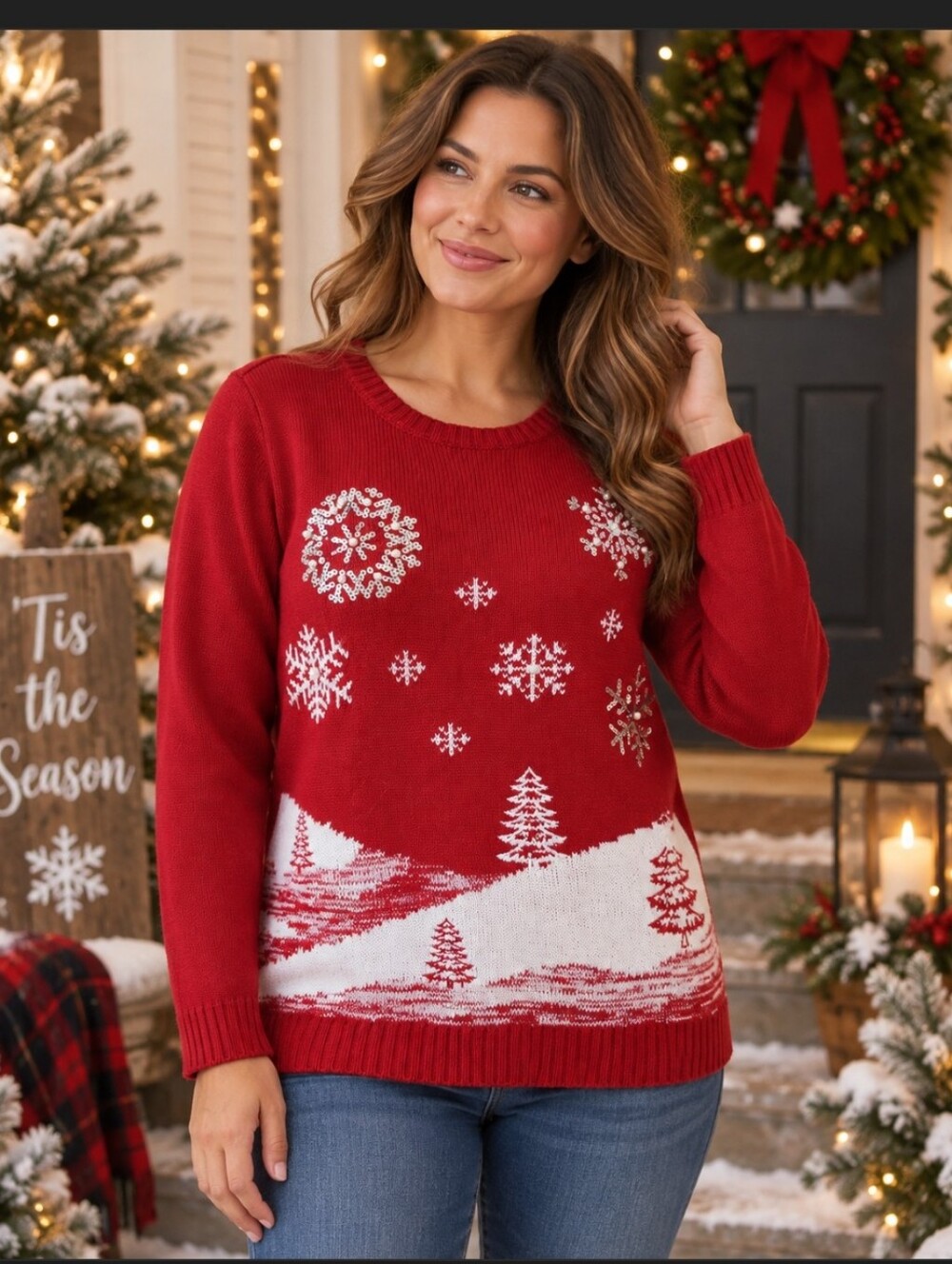 Karen Scott NWT Red Christmas Snowflake Sequin Sweater Womenโs L